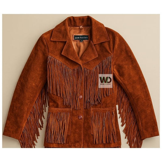 Reddish brown suede fringe jacket women western cowgirl coat front view