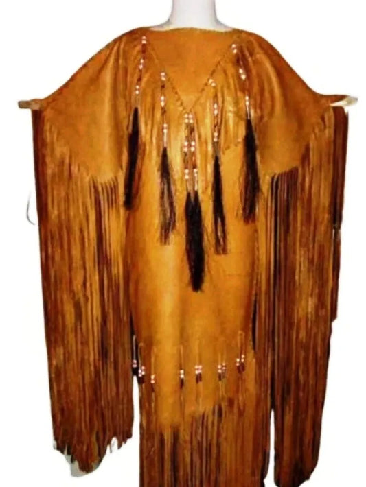 Traditional Women's Leather Long Fringe Dress