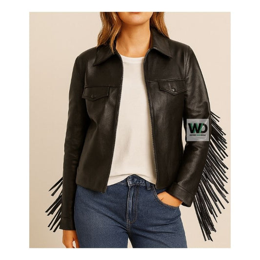 Western Cowgirl Long Fringe Jacket Black Leather Women’s Coat Front Side