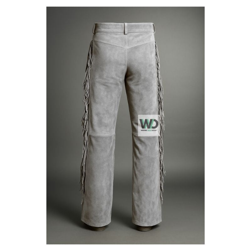 Western Gray Suede Leather Fringes Pant MSP20G Back view