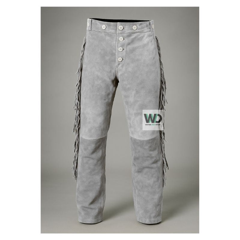 Western Gray Suede Leather Fringes Pant MSP20G Front