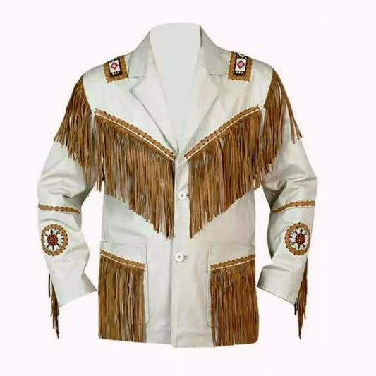 White Leather Fringe Jacket For Mens