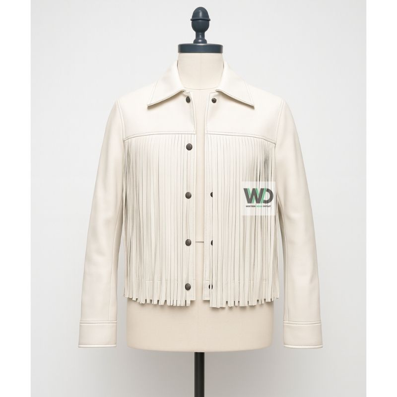 White leather fringe jacket women western cowgirl coat front view