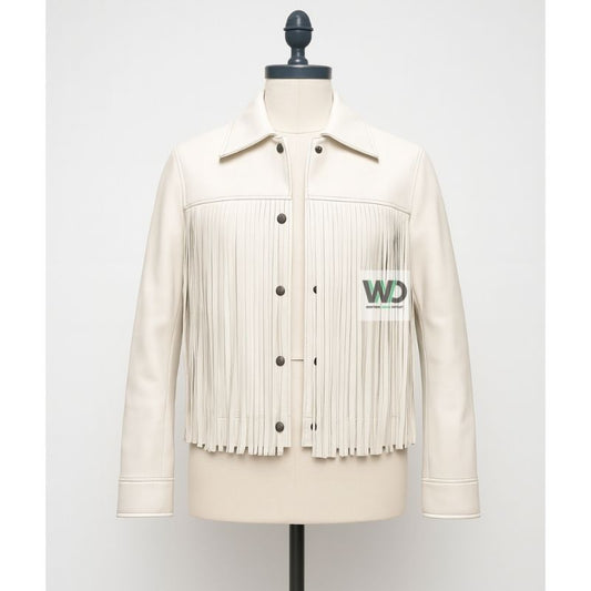 White Leather Fringe Jacket Women – Western Cowgirl Leather Coat