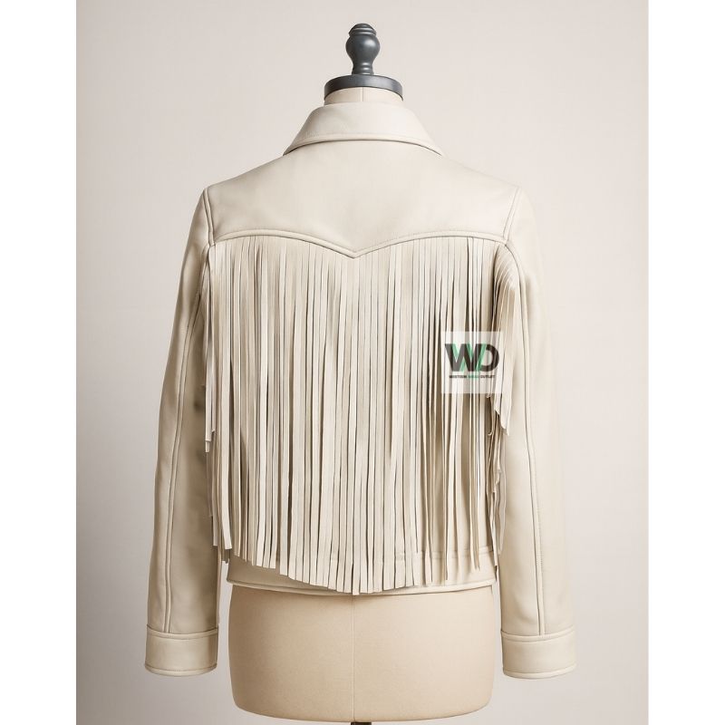 White cowgirl leather fringe coat with tassels back detail
