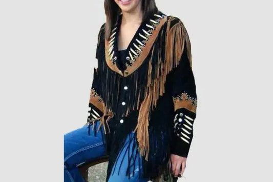 Women Western Style Suede Leather Jacket With Fringe & Beads