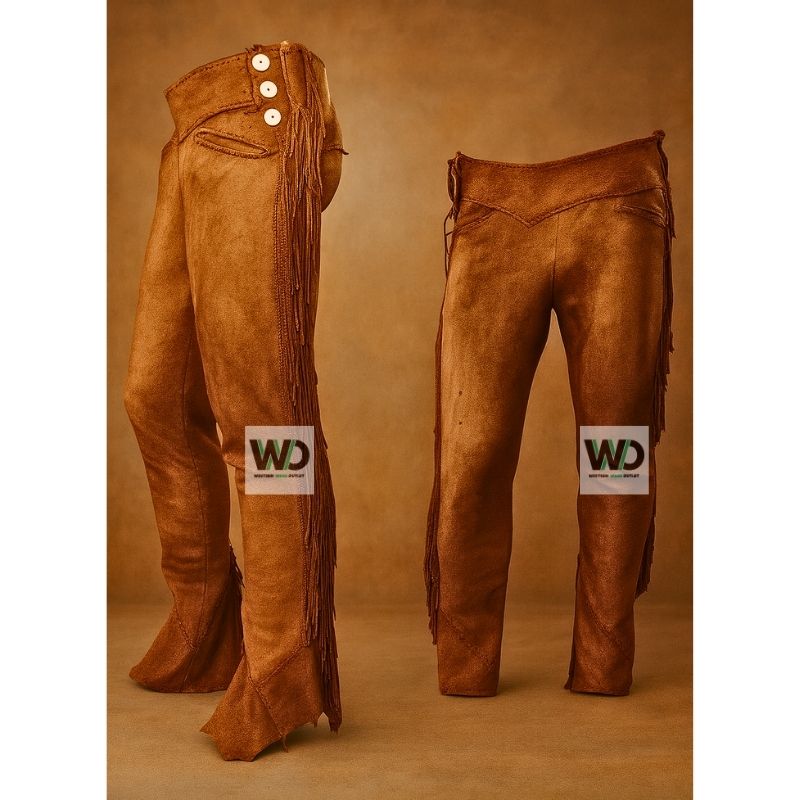 Women’s High Waisted Dark Brown Suede Leather Western Fringe Pants