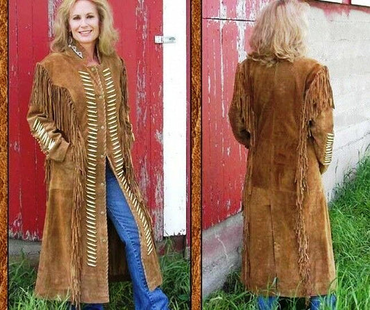 Women's Long Leather Coat with Fringes-Duster Coat