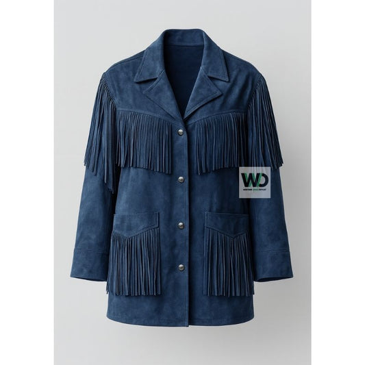 Women’s blue fringe suede jacket western cowgirl style front view