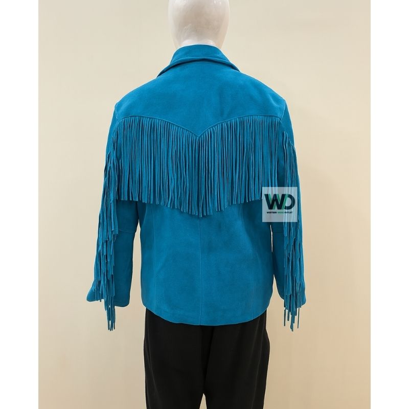 Women’s blue suede fringe jacket back view with tassel detail