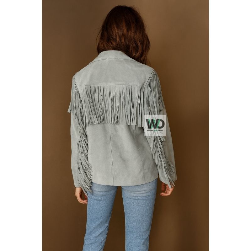 Women’s gray suede fringe jacket back view tassel detail