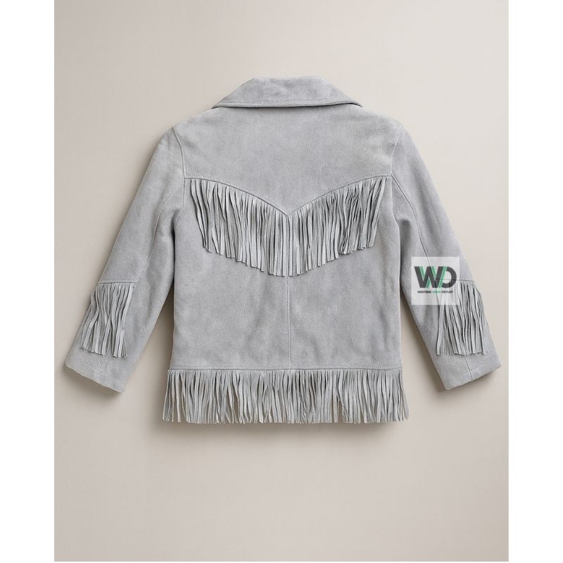 Women’s gray suede fringe jacket back view with tassel detail