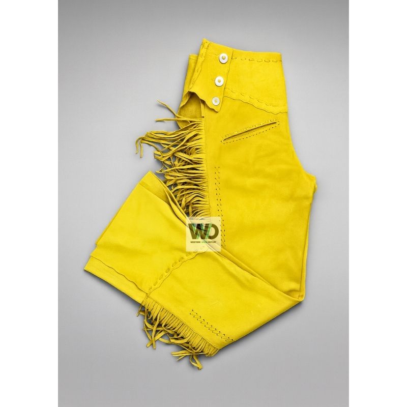Yellow Suede Fringe Western Pants High Waist Cowboy Rodeo Wear 