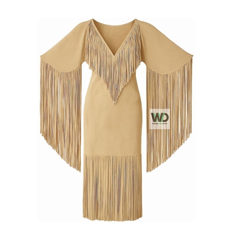 Beige fringe western maxi dress long tassel front view