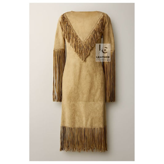 beige suede fringe maxi dress western style women