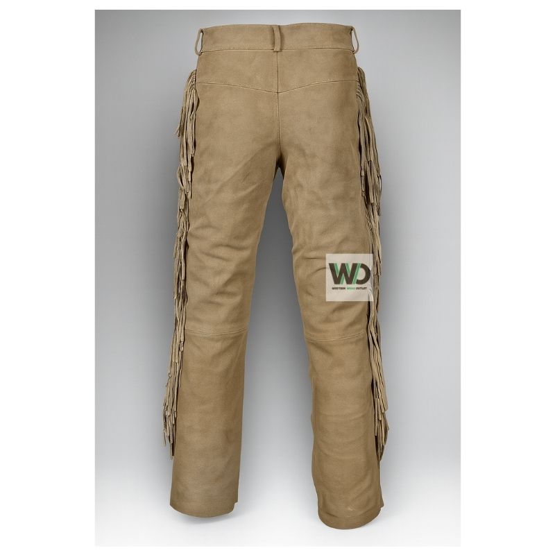 Back view of beige suede western pants with side fringe detail