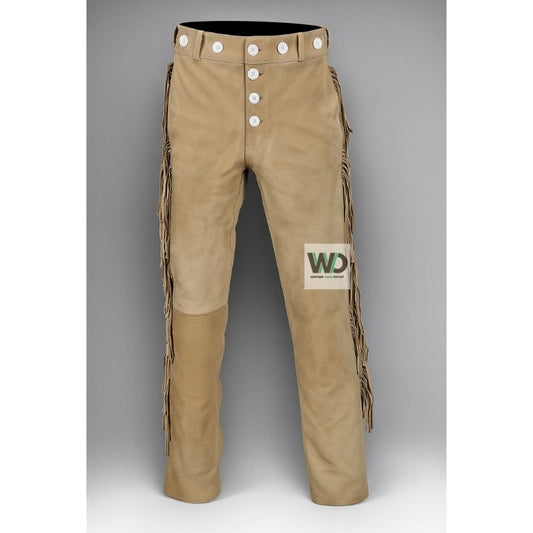 Beige suede fringe pants with white button fly western style front view