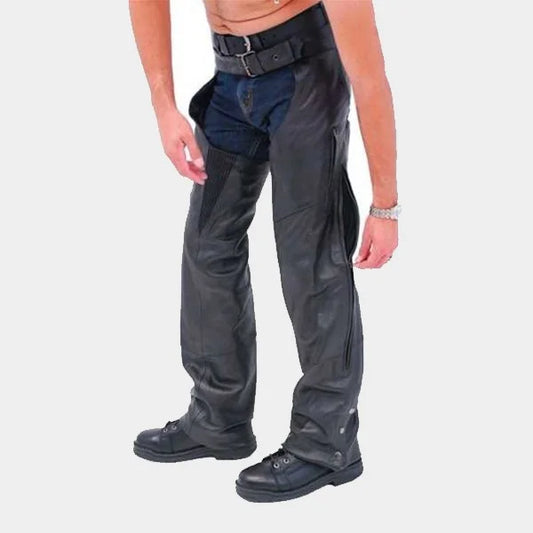 Black leather motorcycle chaps with full zip leg front view