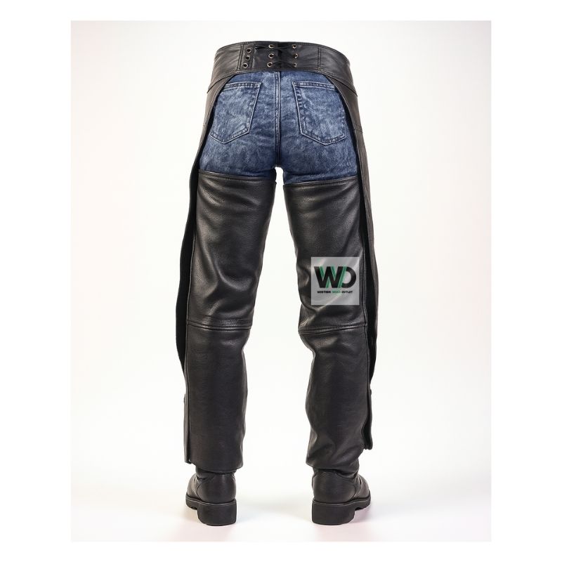 Back: motorcycle chaps rear view utility pocket design