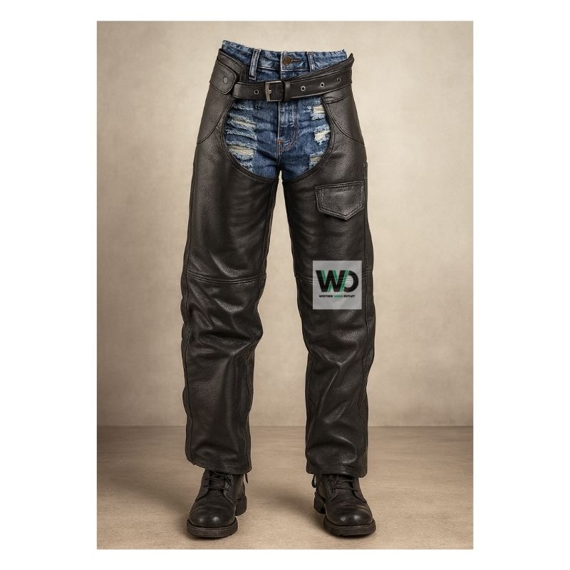 Front: black leather motorcycle chaps utility pocket riding