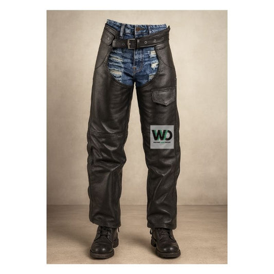 Black leather motorcycle chaps with belt and utility pocket front view