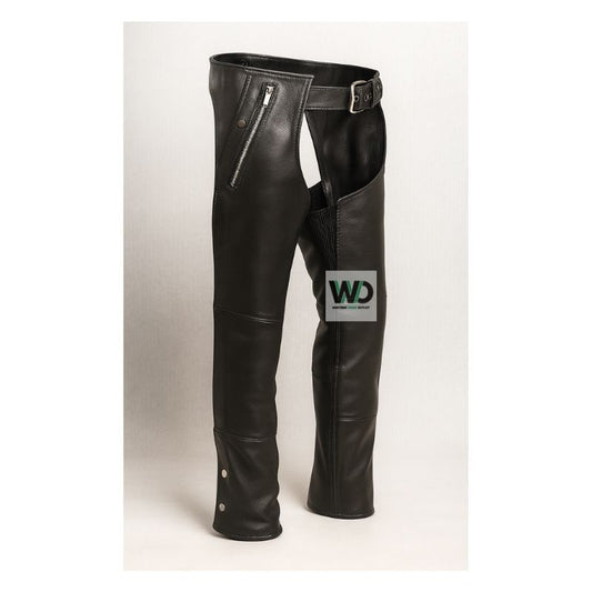 Black leather motorcycle chaps with side zip pocket front view