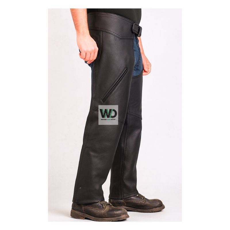 black leather motorcycle chaps zip pocket riding