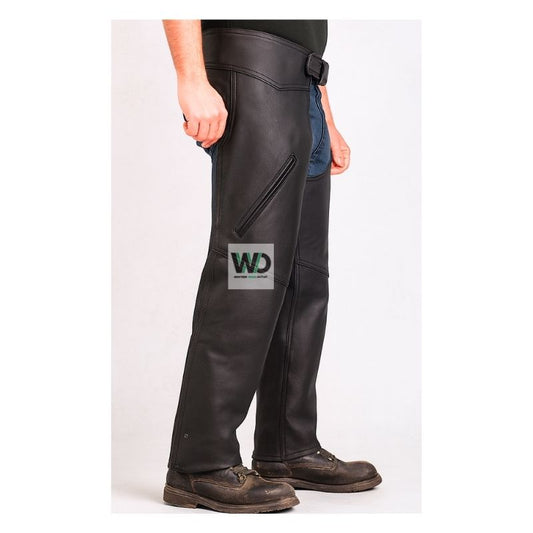 Black leather motorcycle chaps with zip pocket