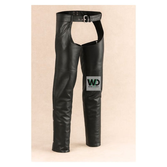 Black leather western chaps with snap leg closure front view
