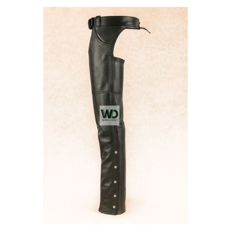Black leather western chaps with snap leg closure side view