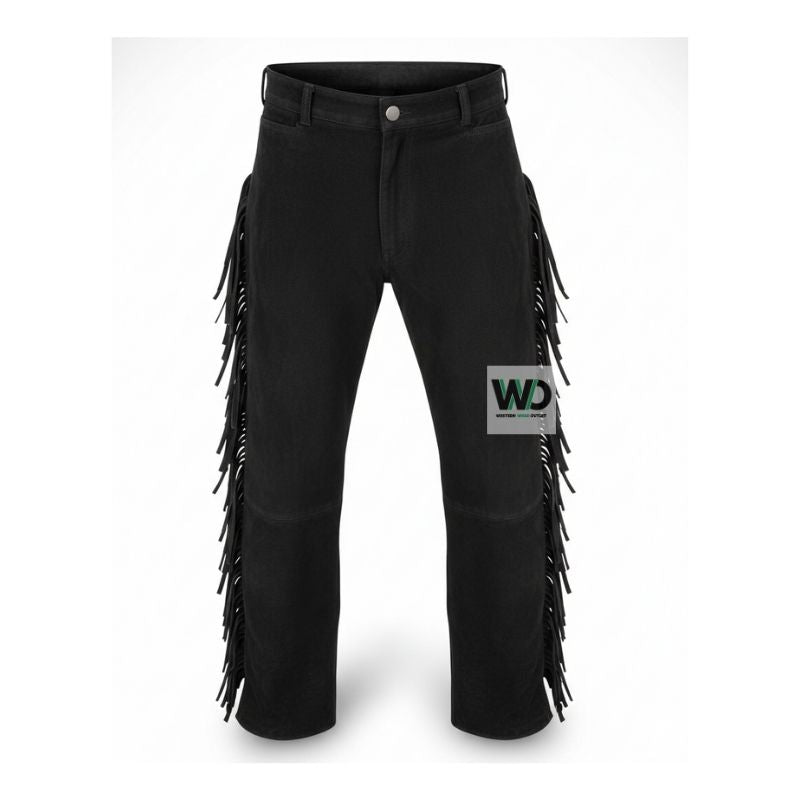 Black suede fringe pants with lace-up waist western style front view