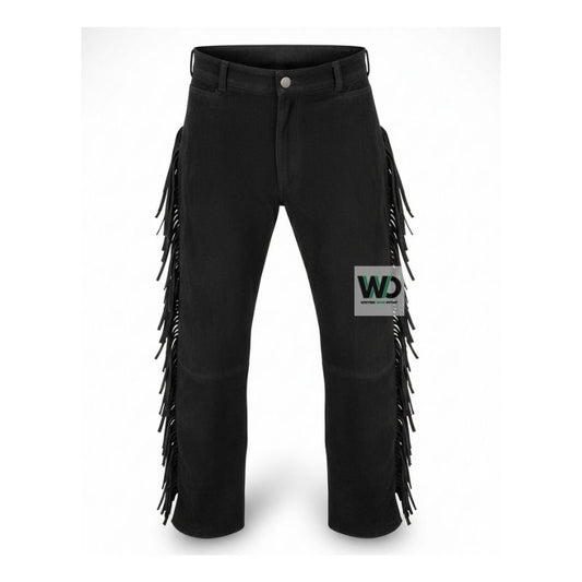 Black suede fringe pants with lace-up waist western style front view