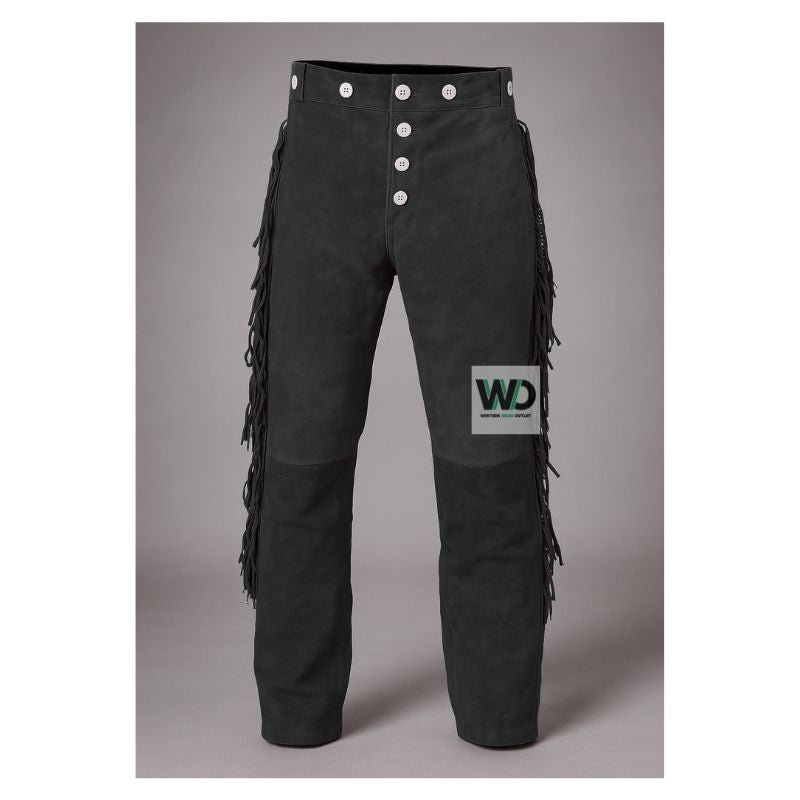 Black suede fringe pants with white button fly western style front view