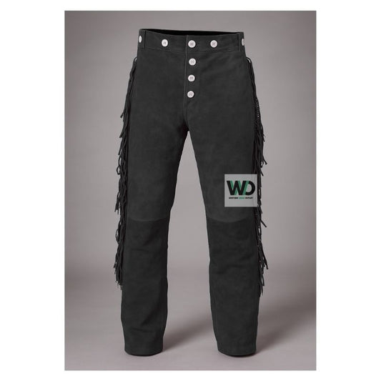Black suede fringe pants with white button fly western style front view