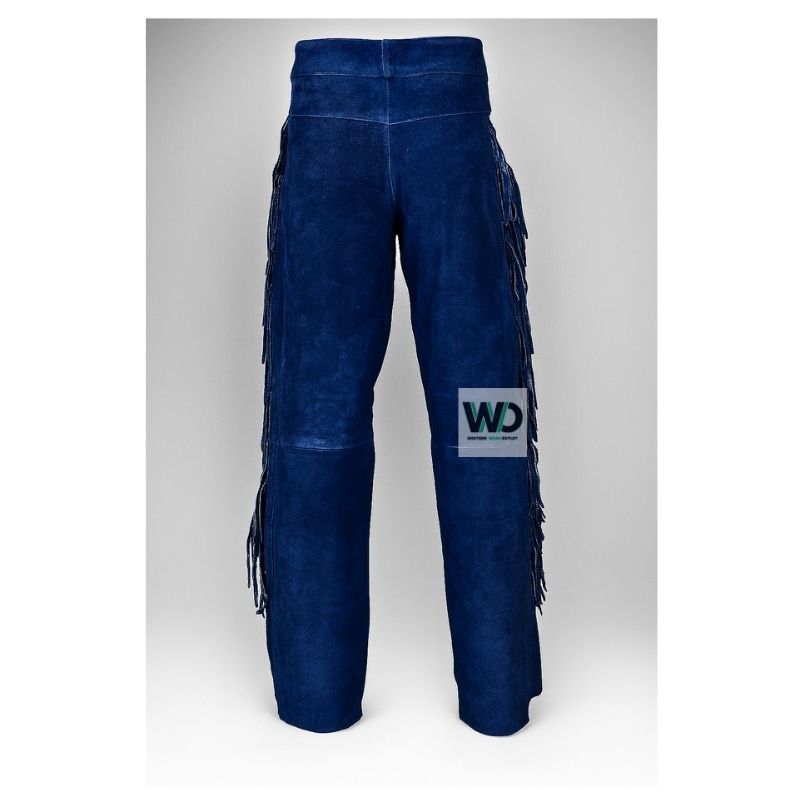 Back view of suede western pants with side fringe and button fly
