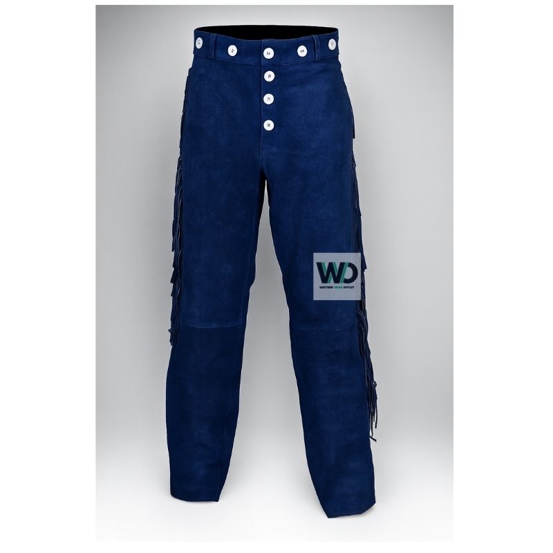 Deep blue suede fringe pants with button fly western style front view