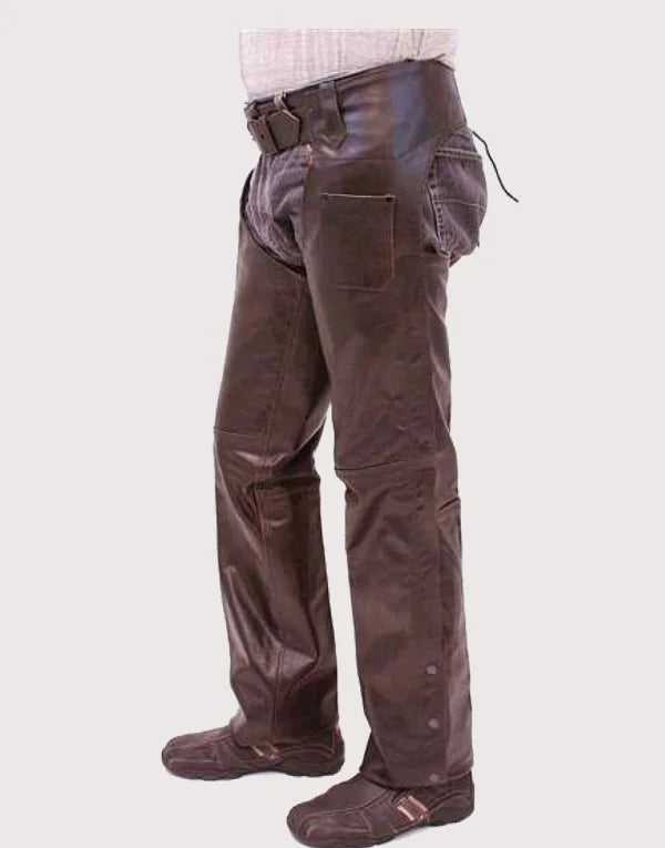 brown leather cowboy chaps utility pocket western