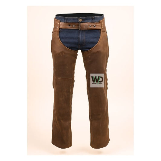 Brown leather motorcycle riding chaps with belt front view
