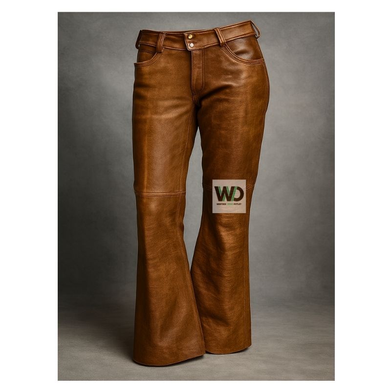 Brown leather western pants with lace-up side detail front view