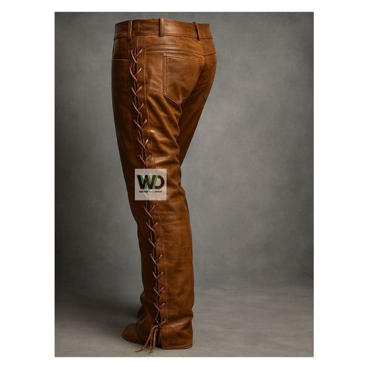 Back view of brown leather pants with side lace-up western style