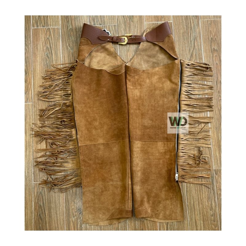 Back view of brown suede western chaps with fringe and concho accents