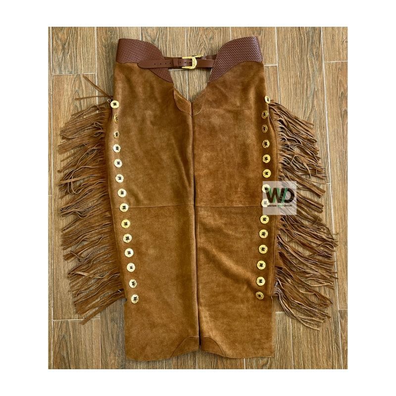Brown suede fringe leather chaps with concho detail front view western style