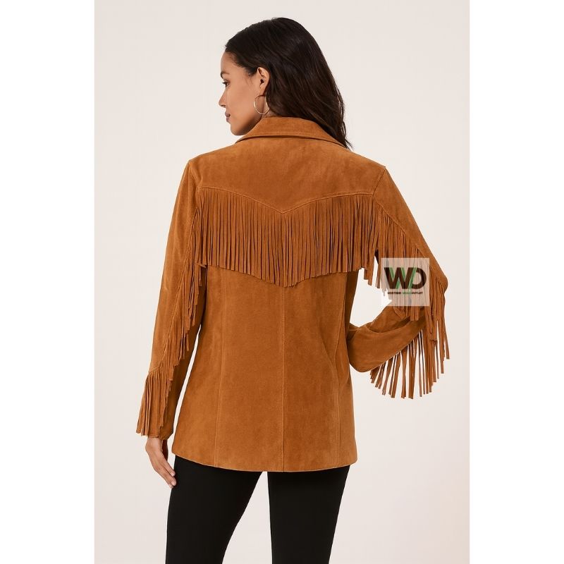 Women’s brown suede fringe jacket back view tassel detail