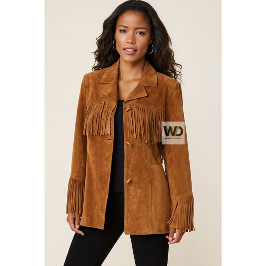 Brown suede fringe jacket women boho western style front view