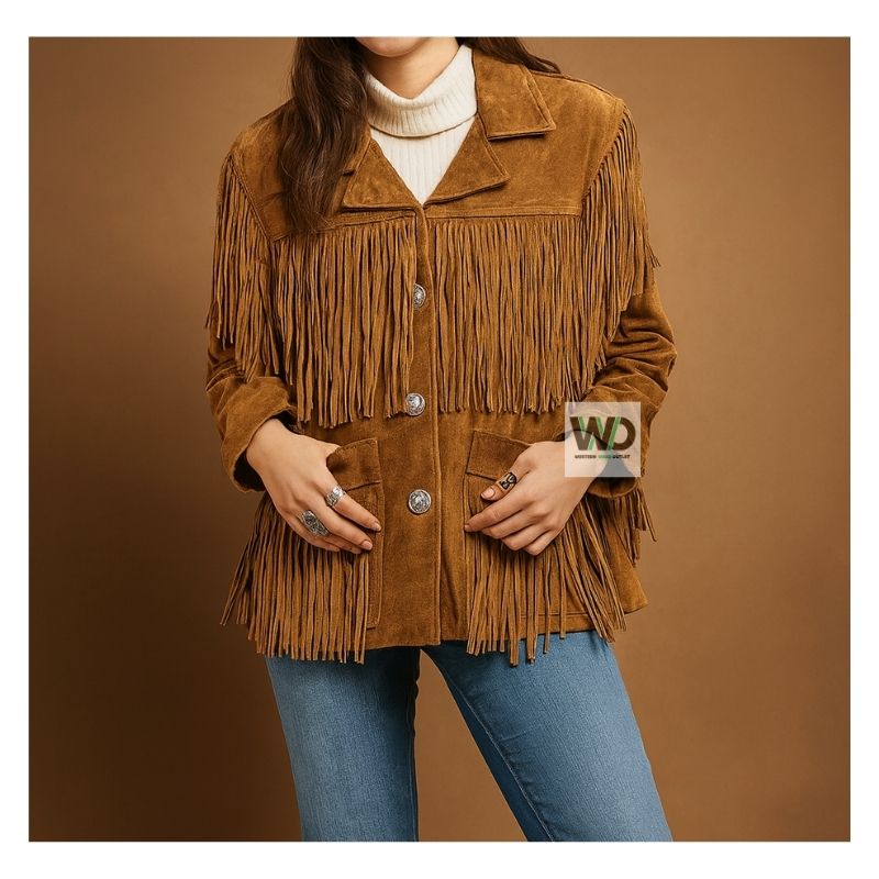 Brown suede fringe jacket women button front western coat front view