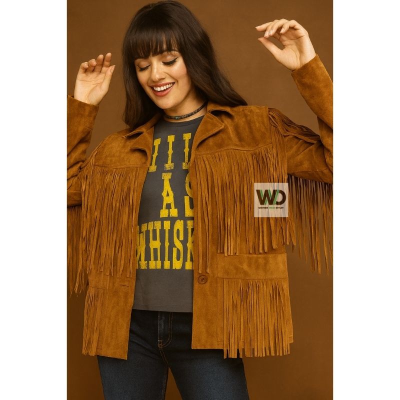 Brown suede fringe jacket women button up boho western style front view