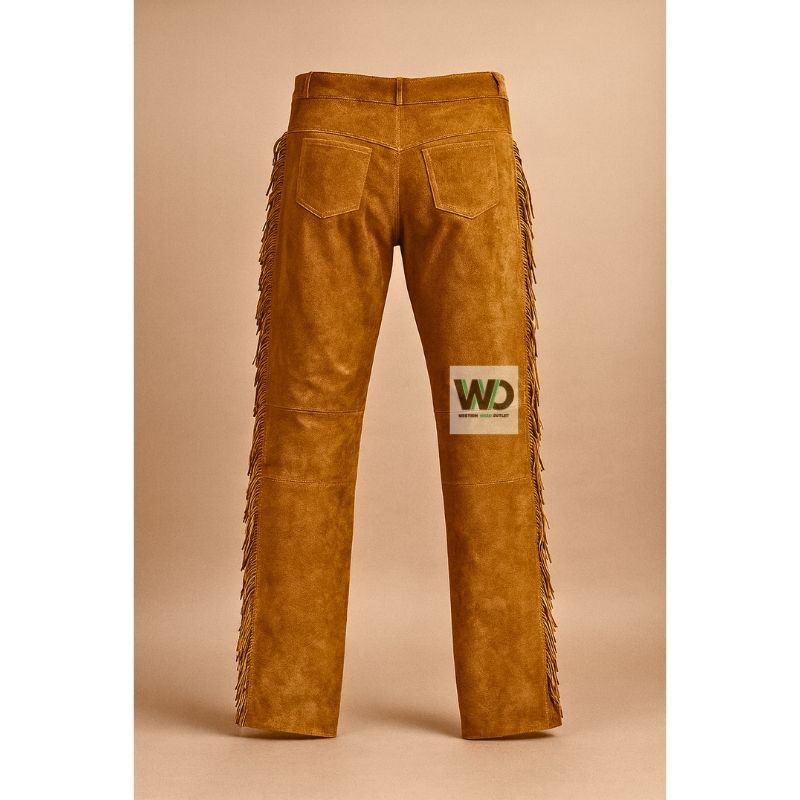 Back view of suede leather fringe pants with five pocket design