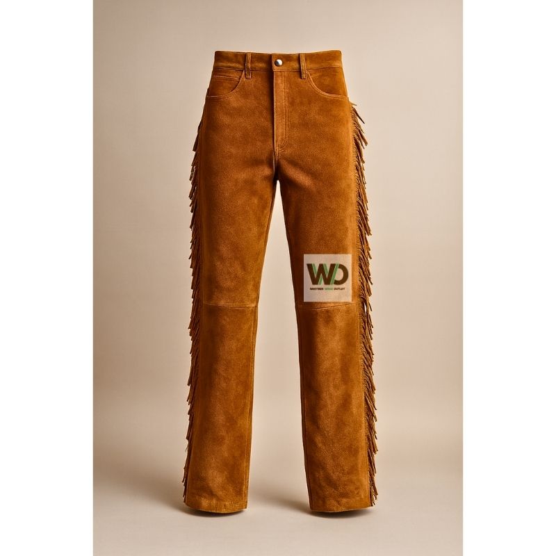 Brown suede western fringe pants five pocket style front view