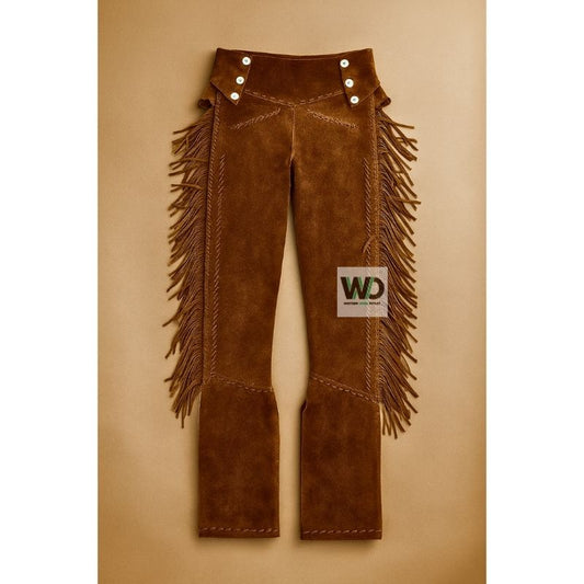 Brown suede fringe pants with side lacing western style