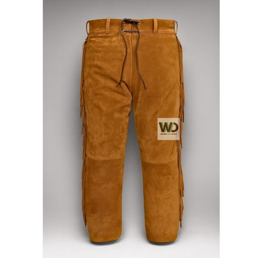 Brown suede fringe pants with lace-up back western style front view